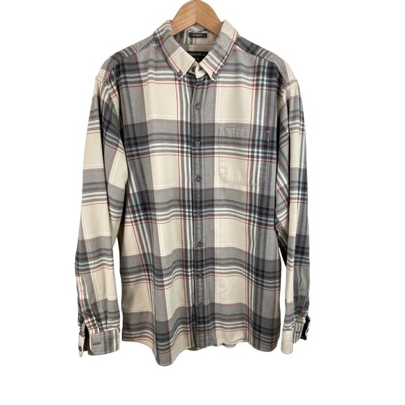 Eddie Bauer Relaxed Fit Mens Size TXL Tan & Gray Plaid Flannel Button Up Shirt - Picture 1 of 12